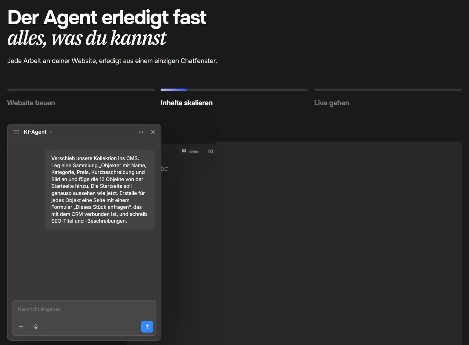 Onepage-Chatfenster „KI-Agent“ mit der Anweisung, eine Sammlung ins CMS zu verschieben und für jedes Objekt eine Seite mit Formular und SEO-Texten zu erstellen.