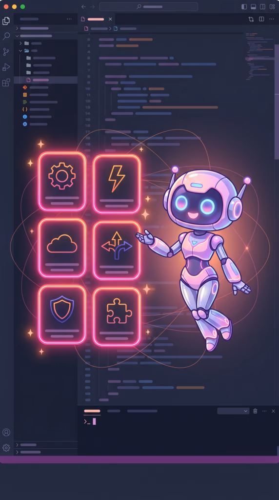 Die 6 Prompts – KI-Roboterin mit sechs Prompt-Karten